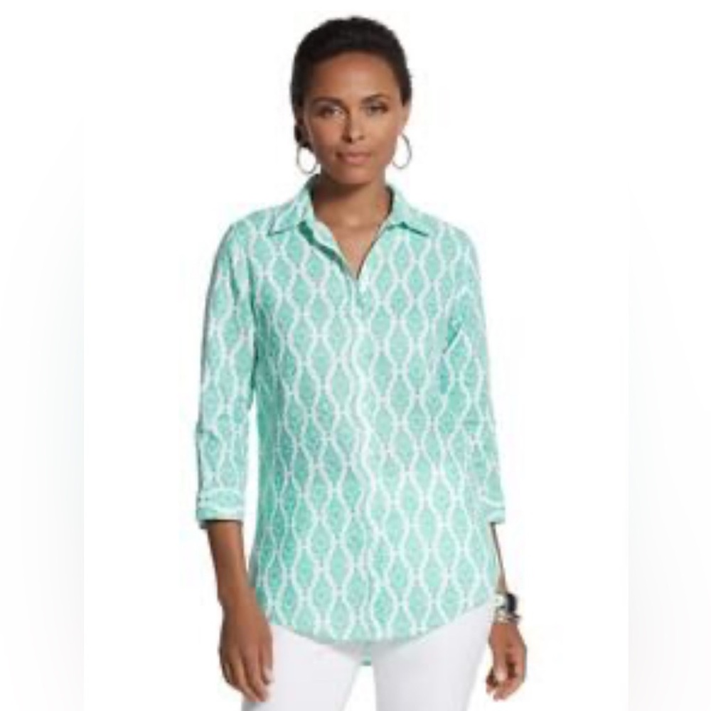 Chicos Women’s Linen Size Large Ikat Buttondown Top No‎ Iron Green Boho 3/4 Slv